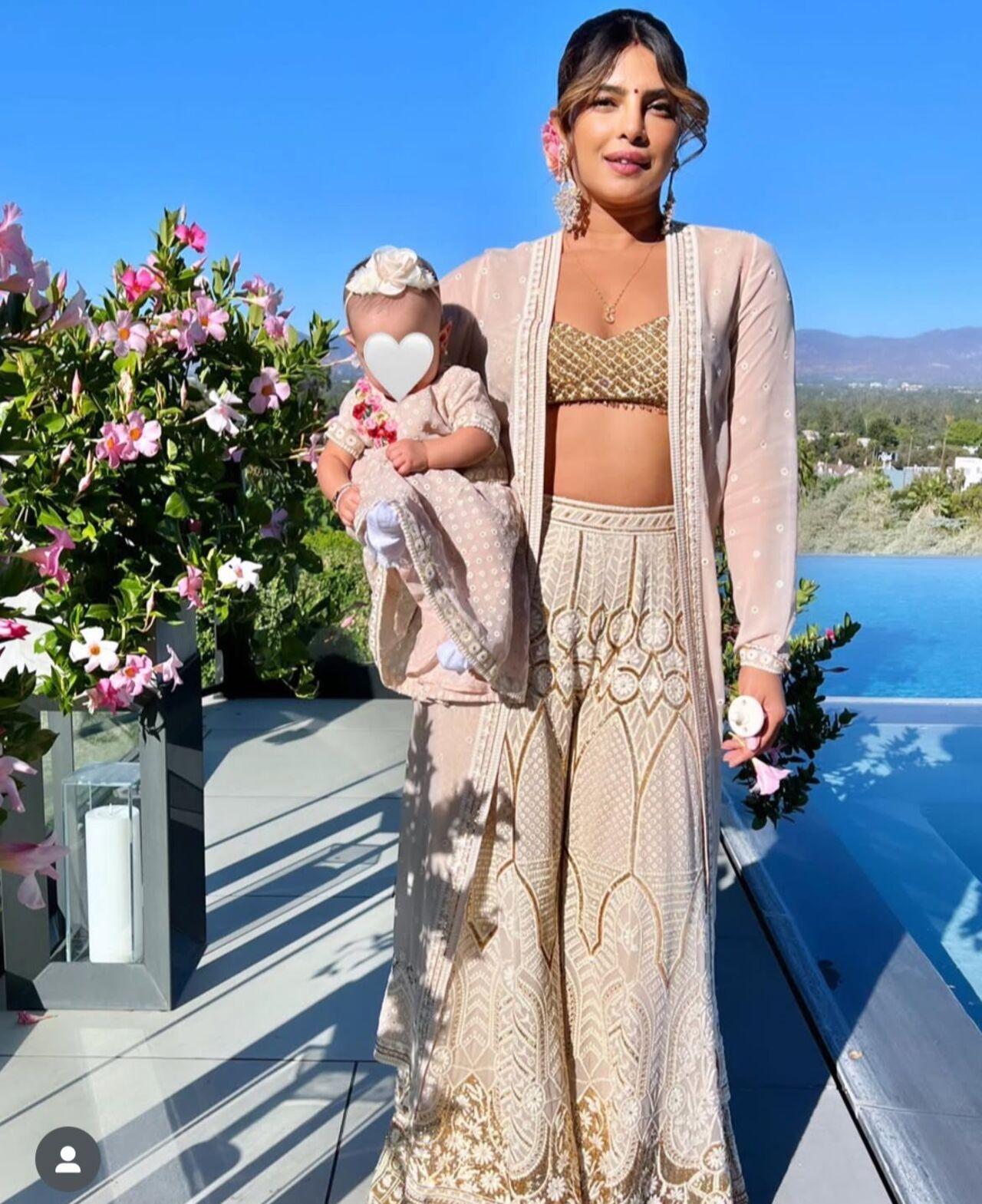 Priyanka Chopra’s white ensemble for Navratri was a blend of contemporary style and traditional elements. She opted for a white unique style co-ord set, paired with statement jewelry. Her look was both modern and rooted in tradition, showcasing her global fashion sensibilities.